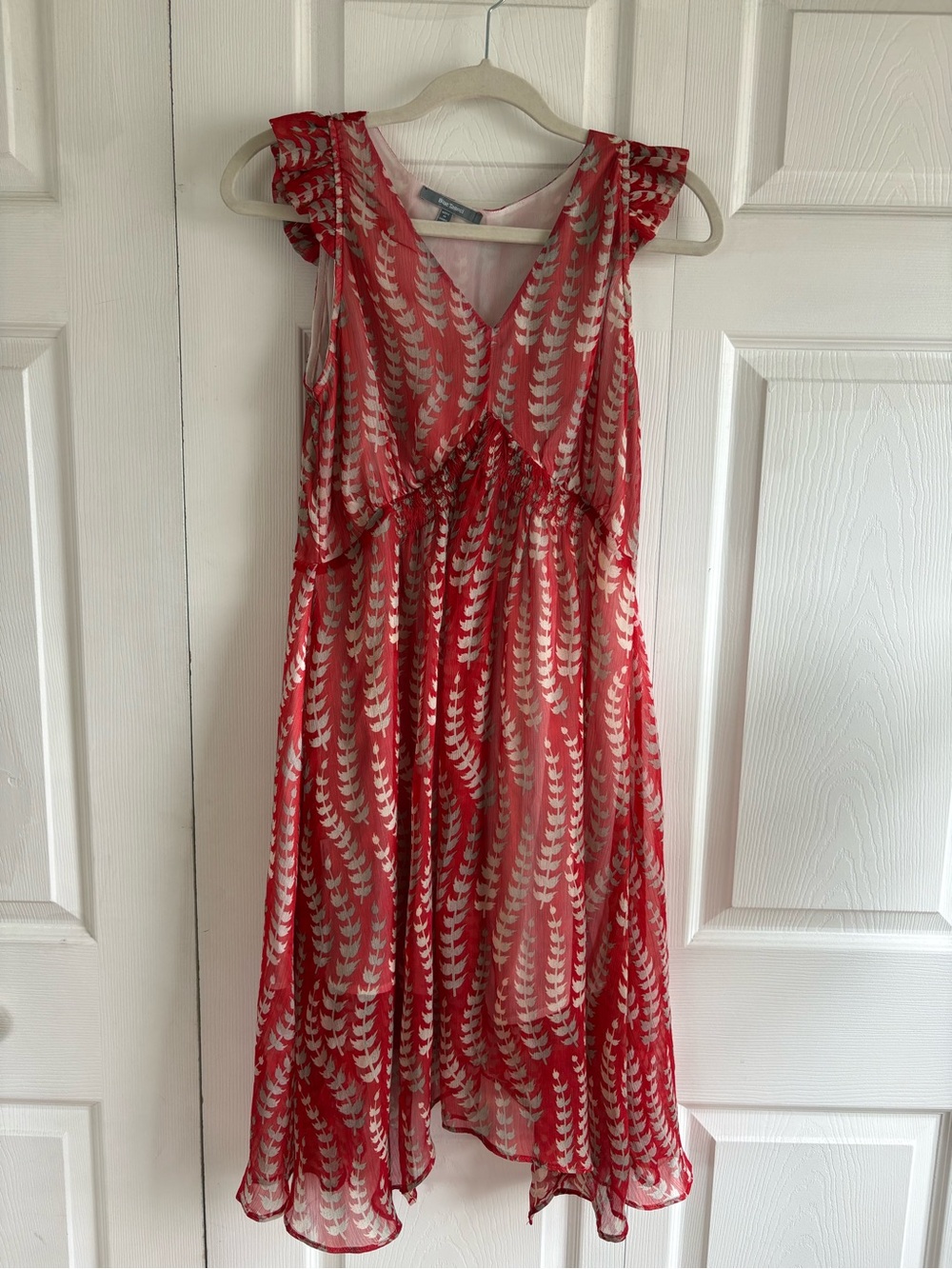 Blue Tessel Red Tan Leaf Floral Print VNeck Dropped Waist Dress XS Boho Romantic